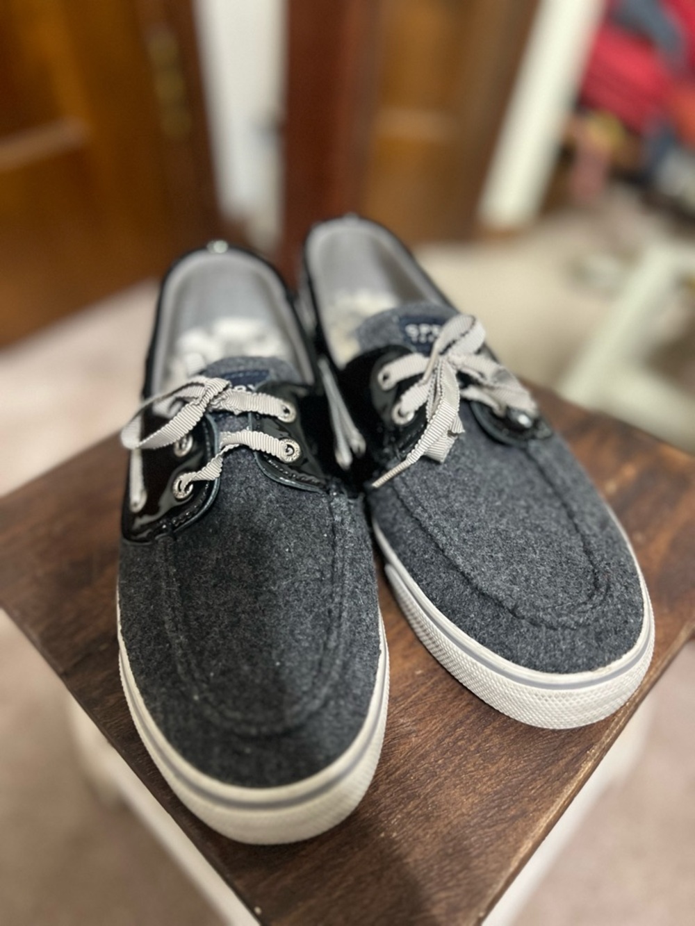 Sperry Top-Sider Womens Boat Shoes Gray Wool Trim Lace Up Casual Preppy Sz 7.5